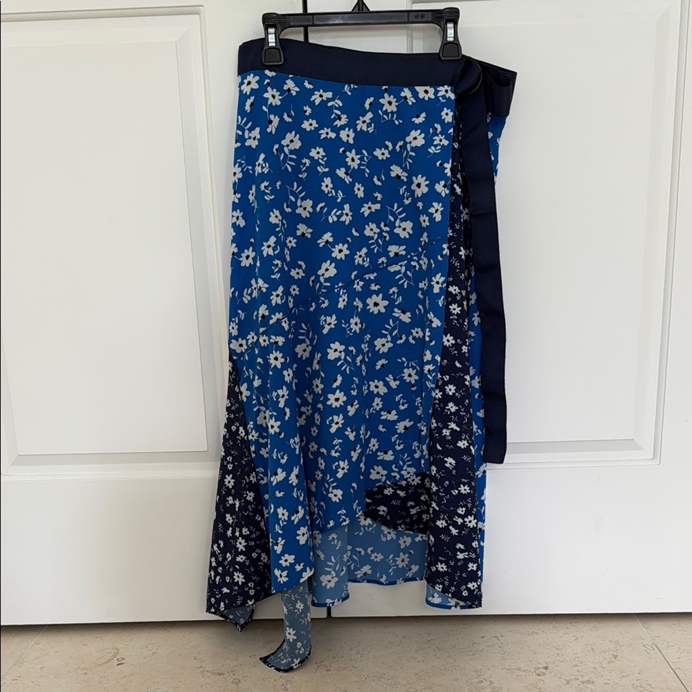 Aqua Asymmetrical Floral Wrap Skirt in Blue, Navy and White
